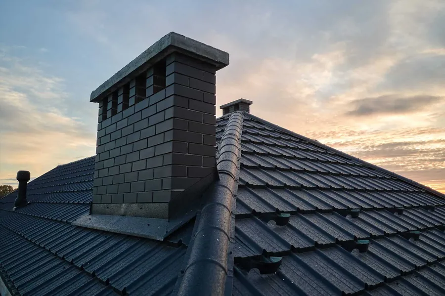 Dark tiled roof finished around a brick chimney