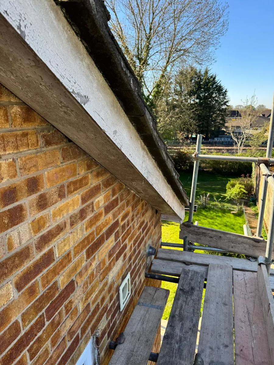 Fascia and soffit at the eaves, seen from the scaffold