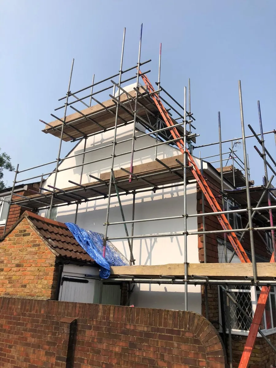 Gable end under scaffold for roof work